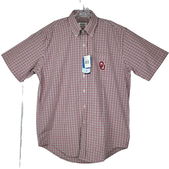 Oklahoma Sooners Gingham Plaid Button Down Shirt OU Patch Men M Red Short Sleeve - Picture 1 of 8